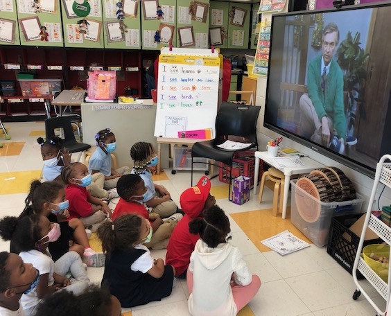 Photo of students watching "Mister Rogers' Neighborhood" courtesy of the Fred Rogers Center.